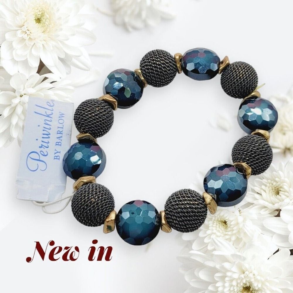 PERIWINKLE by BARLOW Blue Black‎ Bead Stretch Gold Tone Bracelet New
